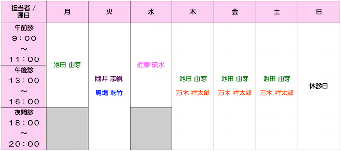 馬場聖鍼堂の診療時間と担当はりきゅう師